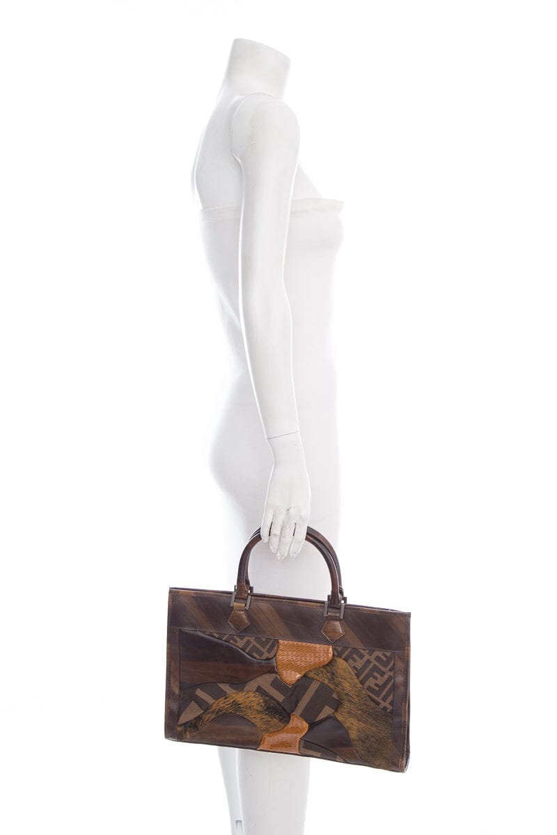 FNDI Brown Zucca Canvas &amp; Leather Patchwork Tote NWT