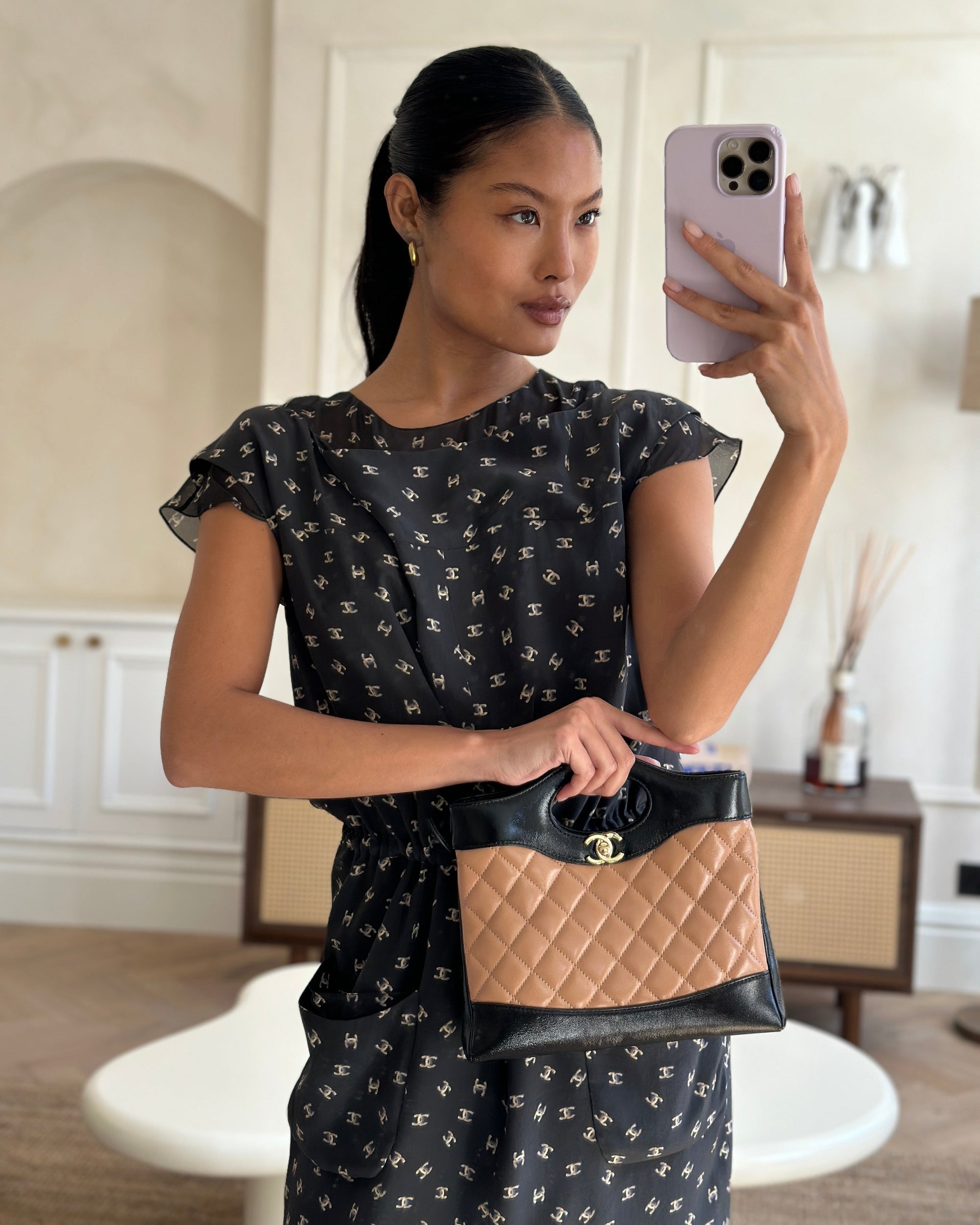 *HOT* CH Small 31 Bag with Chain in Black and Light Brown Shiny Calfskin Leather with Champagne Gold Hardware