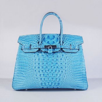 HMS Birkin 35cm Crocodile Head Veins Handbags Light Blue Silver