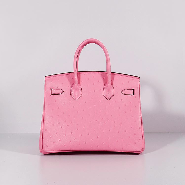 HMS Birkin 30cm Ostrich Leather With Strap Pink Gold