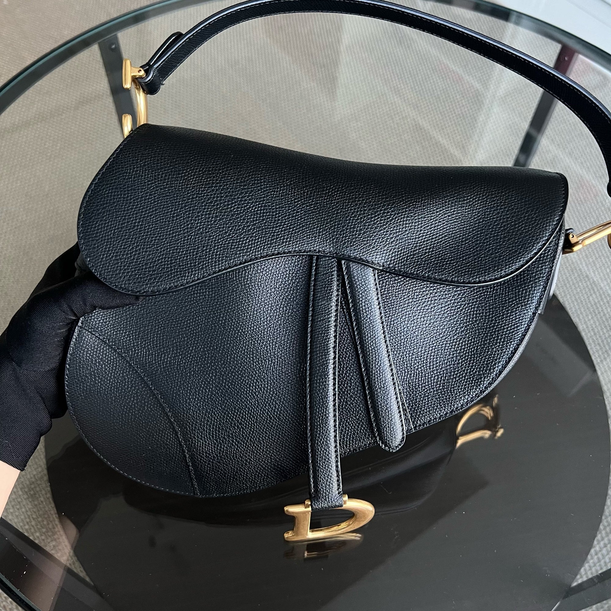 *New Version with Strap* D1OR Saddle Medium Grained Calfskin Black Golden Hardware