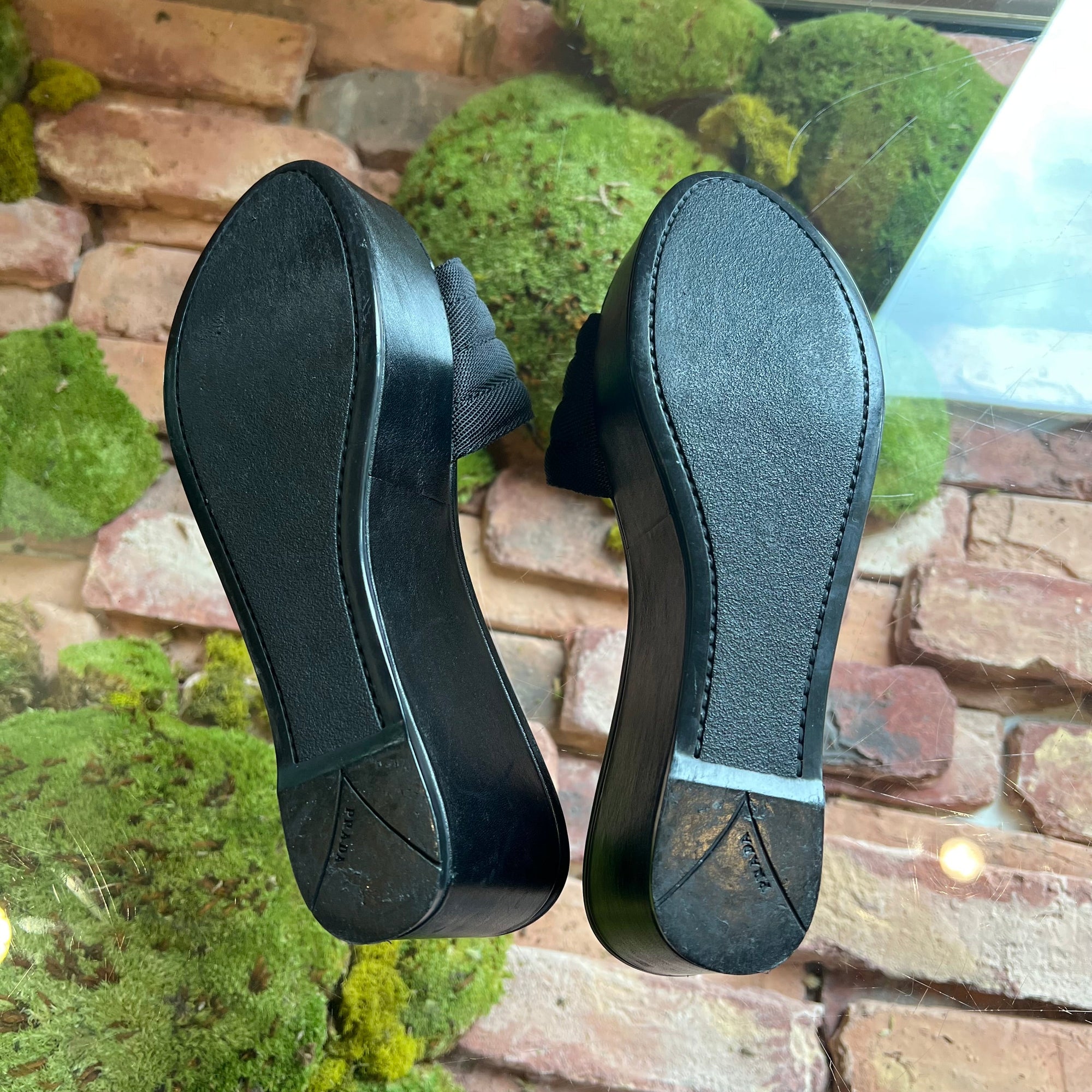 PRD Black Leather and Canvas Sandals Wedges SZ37(7US)