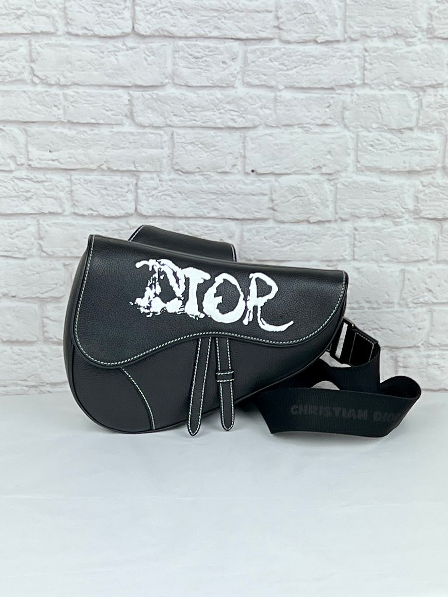 Christian D1OR  X PETER DOIG Grained Calfskin Saddle Bag Black