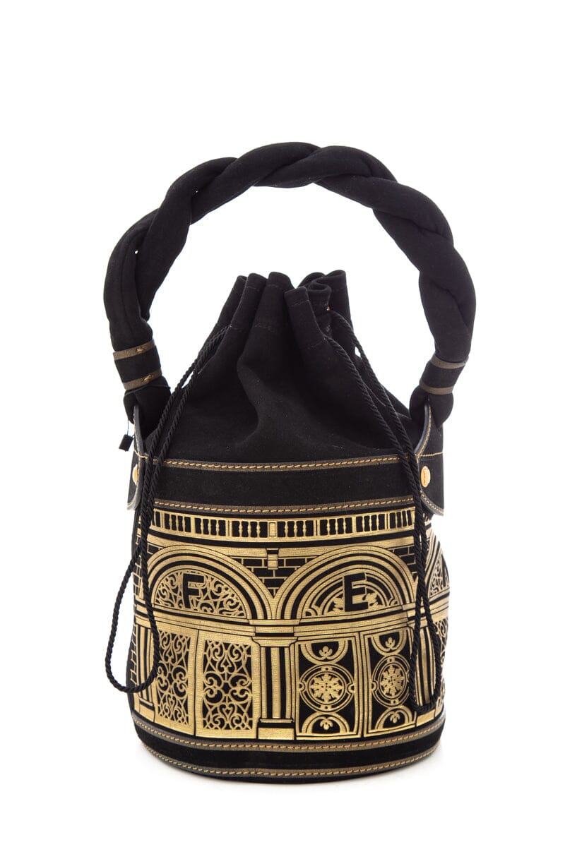 FNDI Black &amp; Gold Baroque Suede Palazzo Bucket Bag