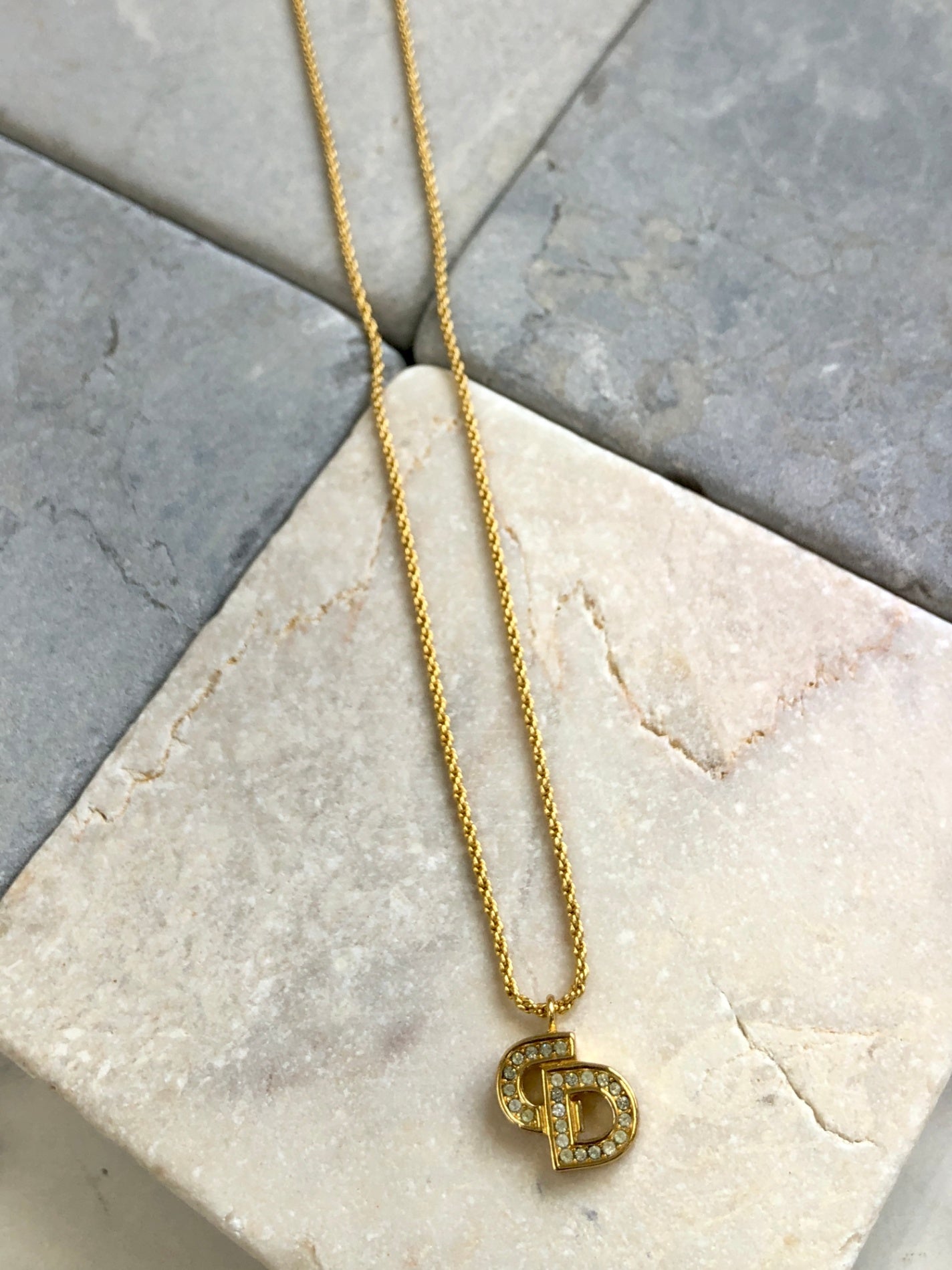 Christian D1OR CD Logo Rhinestone Necklace Gold Vintage hk42f6