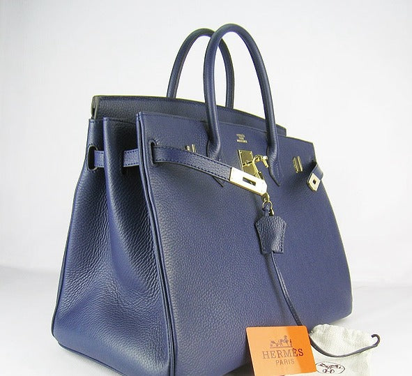 HMS Birkin 35cm Togo Leather Handbags 6099 Dark Blue Golden