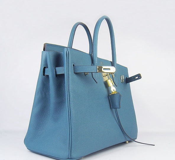 HMS Birkin 35cm Cattle Skin Vein Handbags Blue Golden
