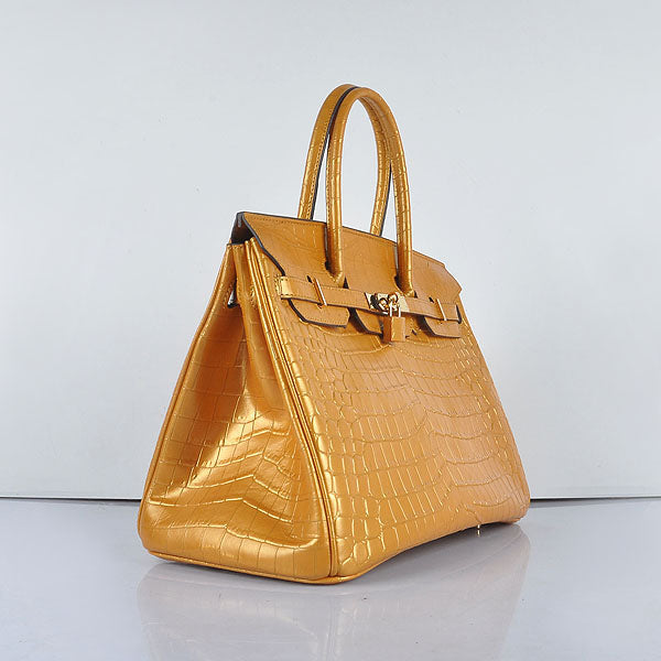 HMS Birkin 35cm 6089 New Golden Crocodile Vein Handbags Gold