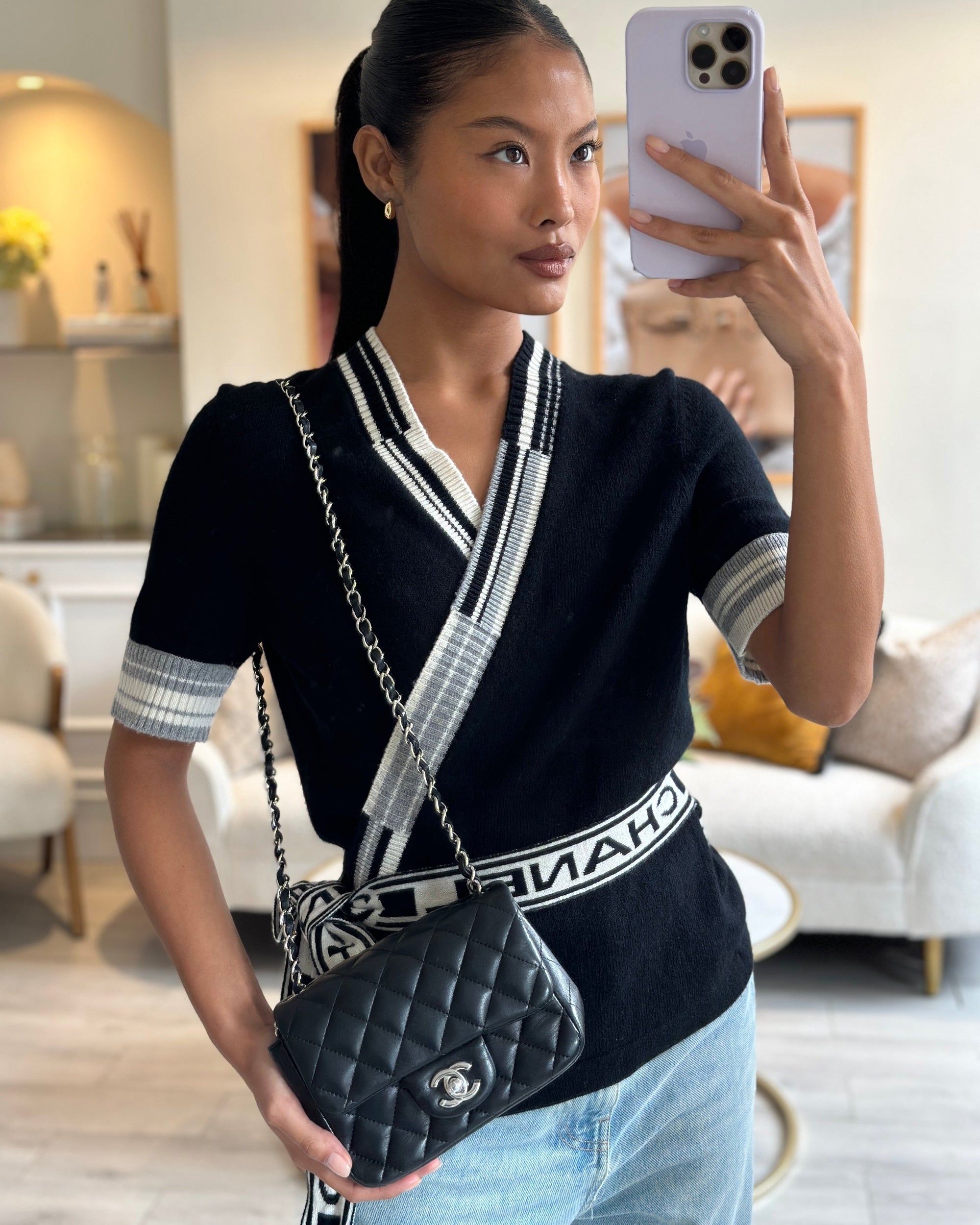 *HOT* CH Black Mini Square Flap Bag in Lambskin with Silver Hardware