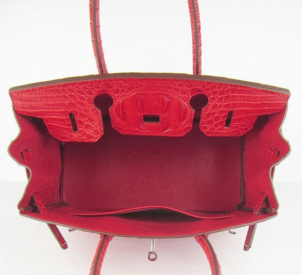 HMS Birkin 30cm Crocodile Head Vein Handbags Red Silver