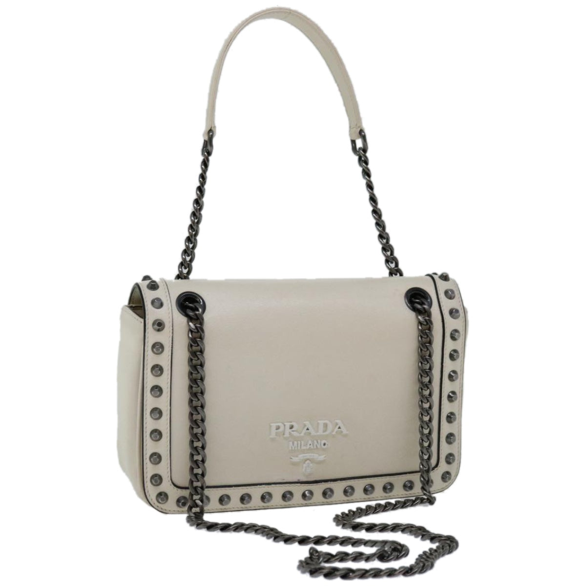 PRD Chain Shoulder Bag Leather Ivory Auth 66873