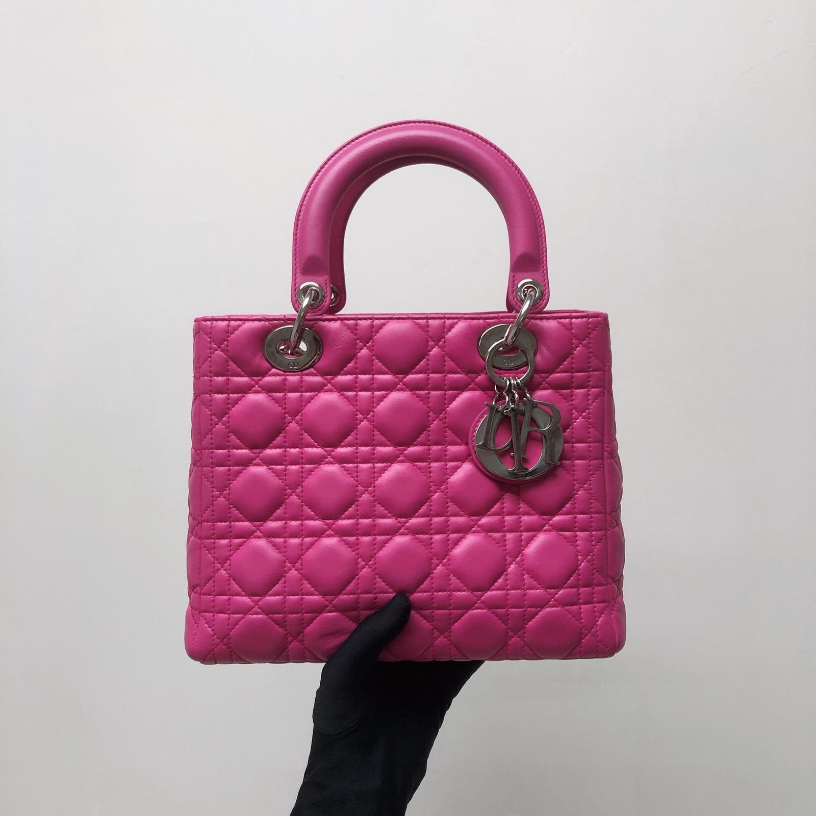 Cannage Lambskin Lady D1OR Medium Bag in Magenta Pink
