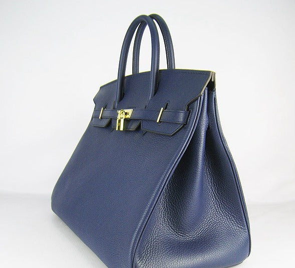 HMS Birkin 35cm Togo Leather Handbags 6099 Dark Blue Golden
