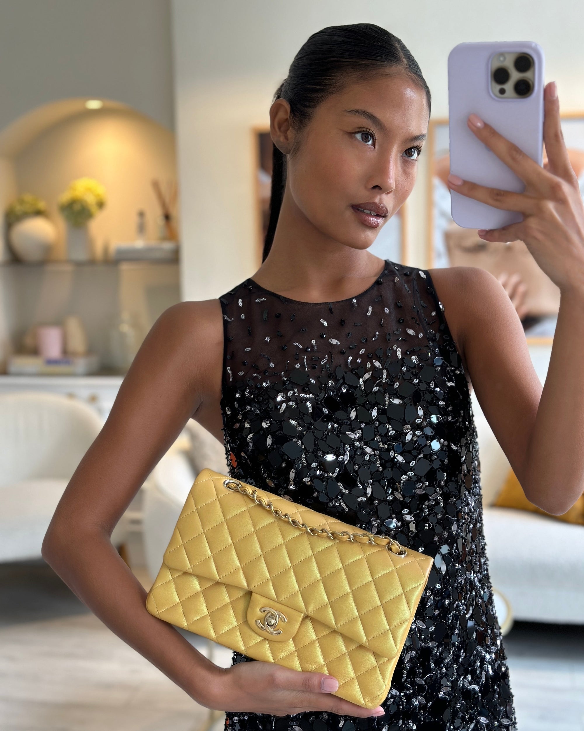 *HOT* CH Iridescent Mustard Yellow Medium Double Flap Bag in Lambskin Leather with Champagne Gold Hardware