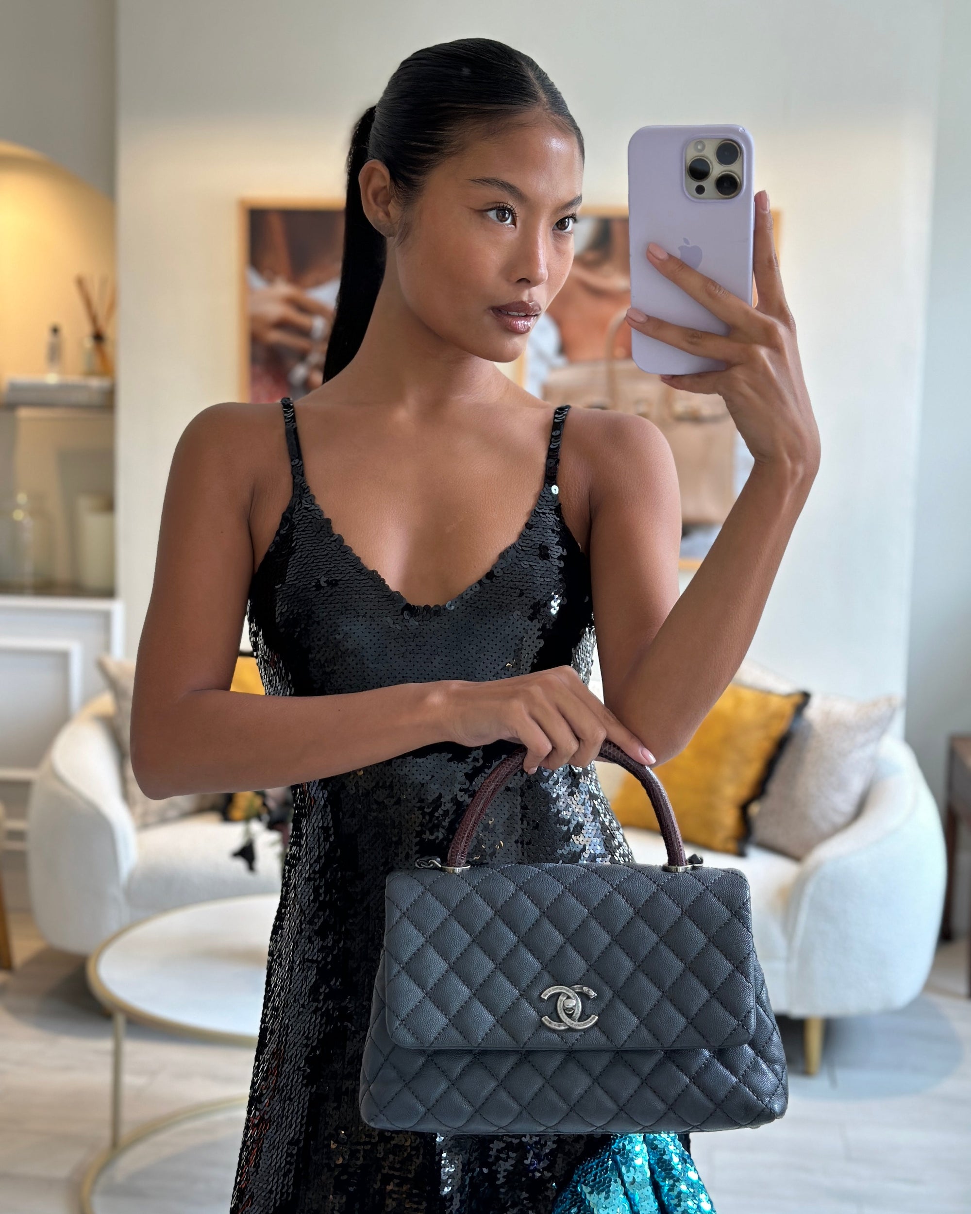 *RARE* CH Medium Coco Top Handle Bag Grey Caviar with Python Handle and Ruthenium Hardware