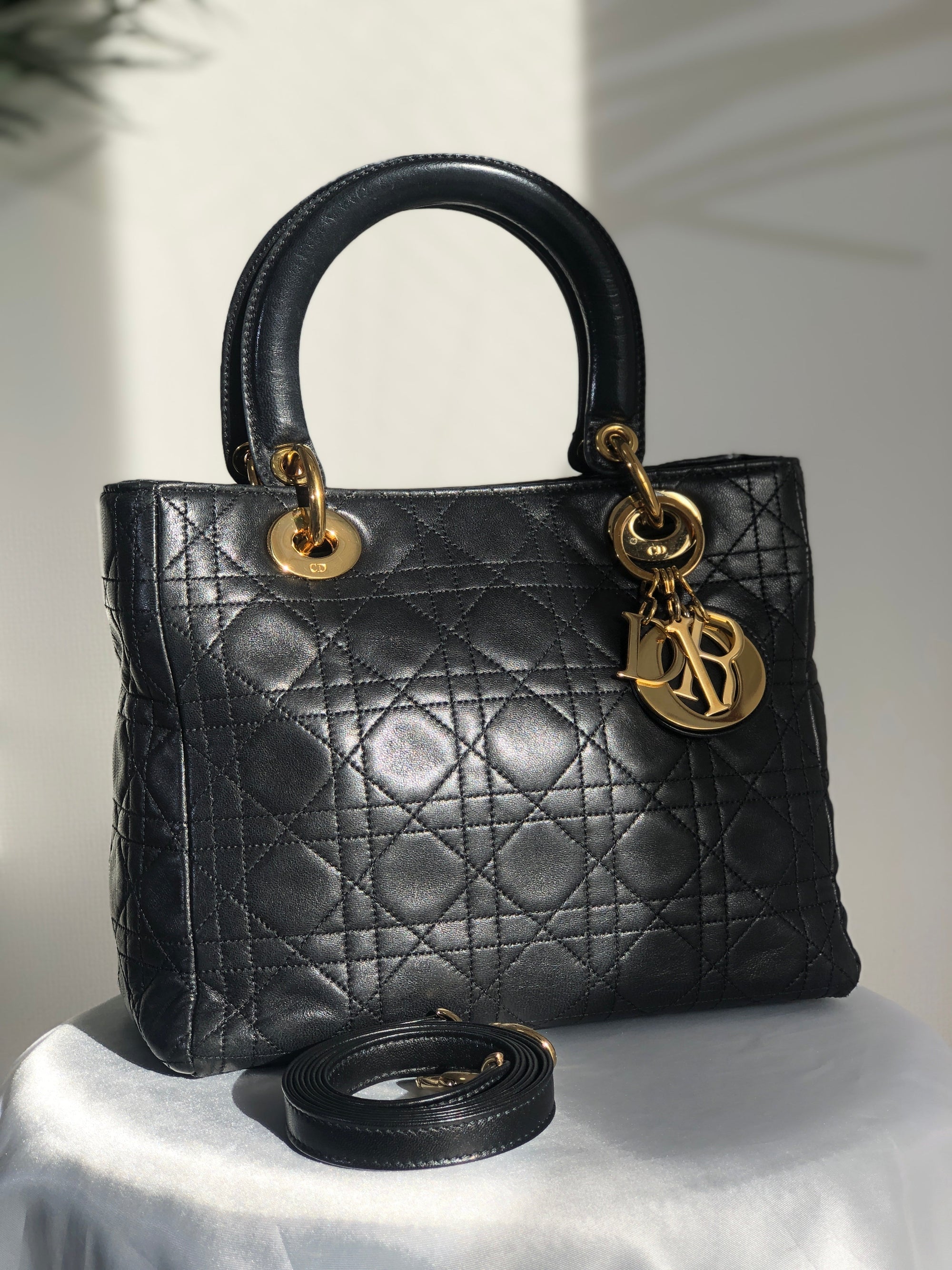 Christian D1OR Cannage LadyD1OR Leather Two-way Handbag Shoulder bag Black Vintage khzzs3