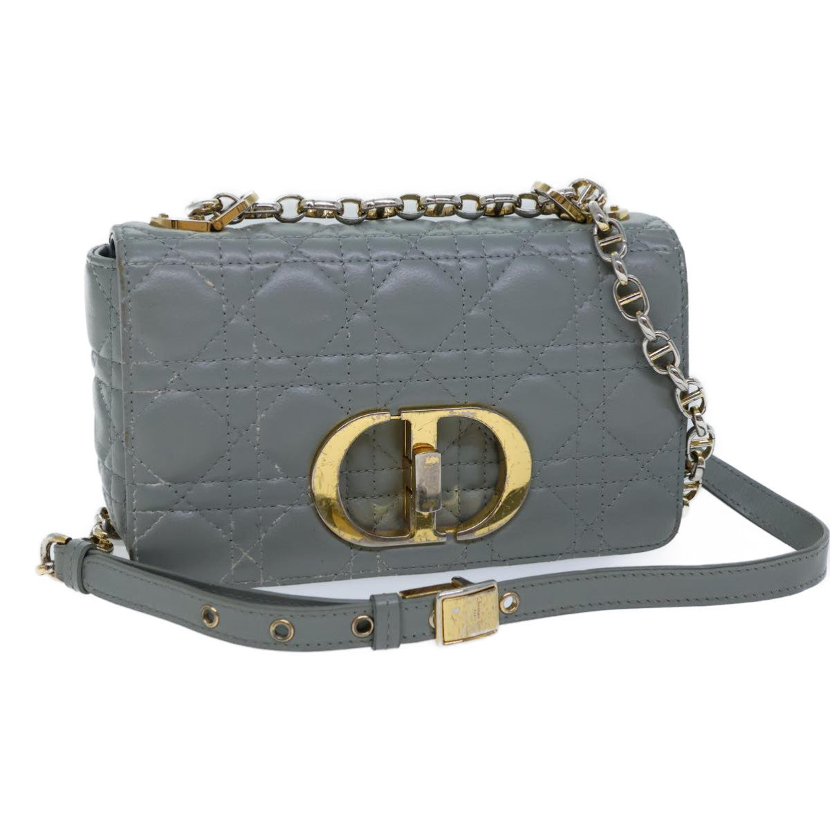 CHRISTIAN D1OR Canage Caro Shoulder Bag Leather Gray Auth 71331A