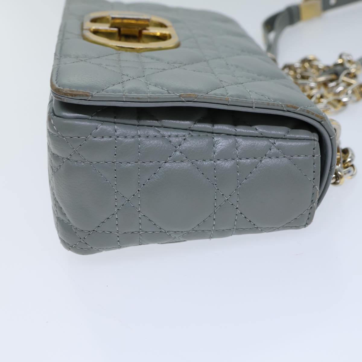 CHRISTIAN D1OR Canage Caro Shoulder Bag Leather Gray Auth 71331A