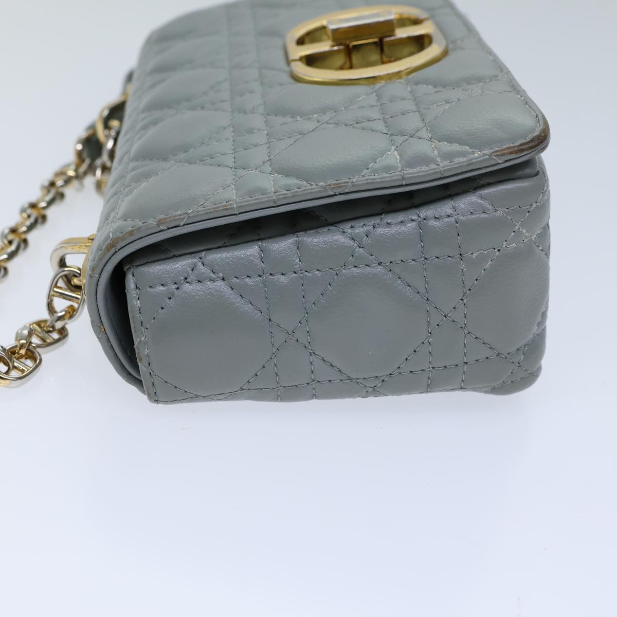 CHRISTIAN D1OR Canage Caro Shoulder Bag Leather Gray Auth 71331A
