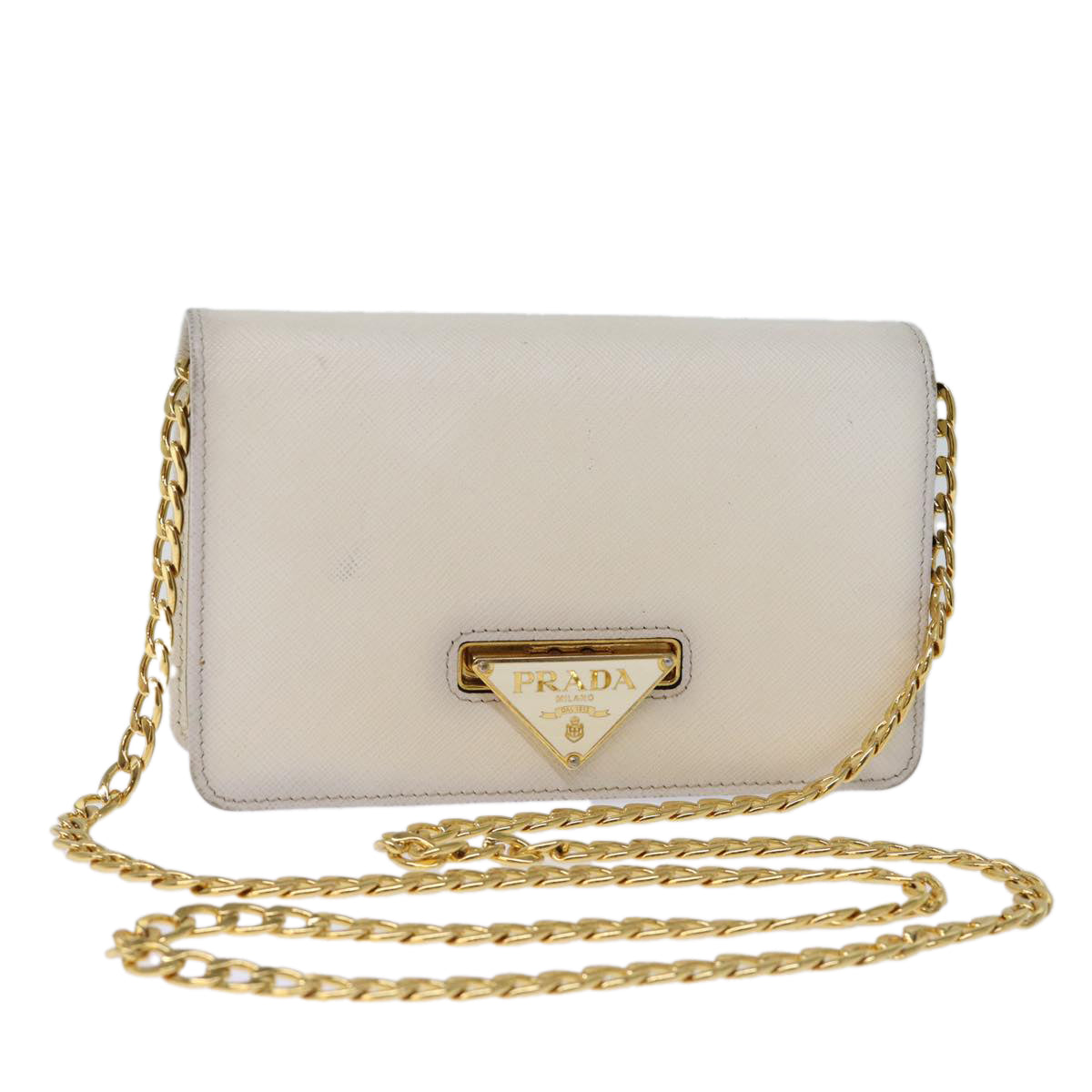 PRD Chain Shoulder Bag Safiano leather White Auth 71652A