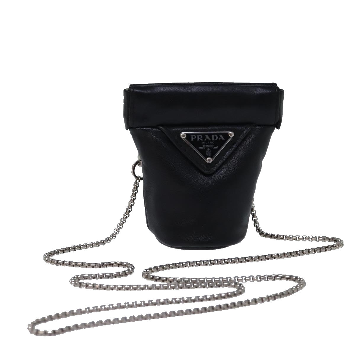 PRD Chain Shoulder Pouch Leather Black Auth 72105