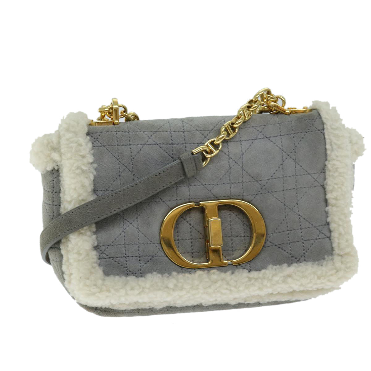 CHRISTIAN D1OR Canage Chain Shoulder Bag Suede Gray Auth 73253A