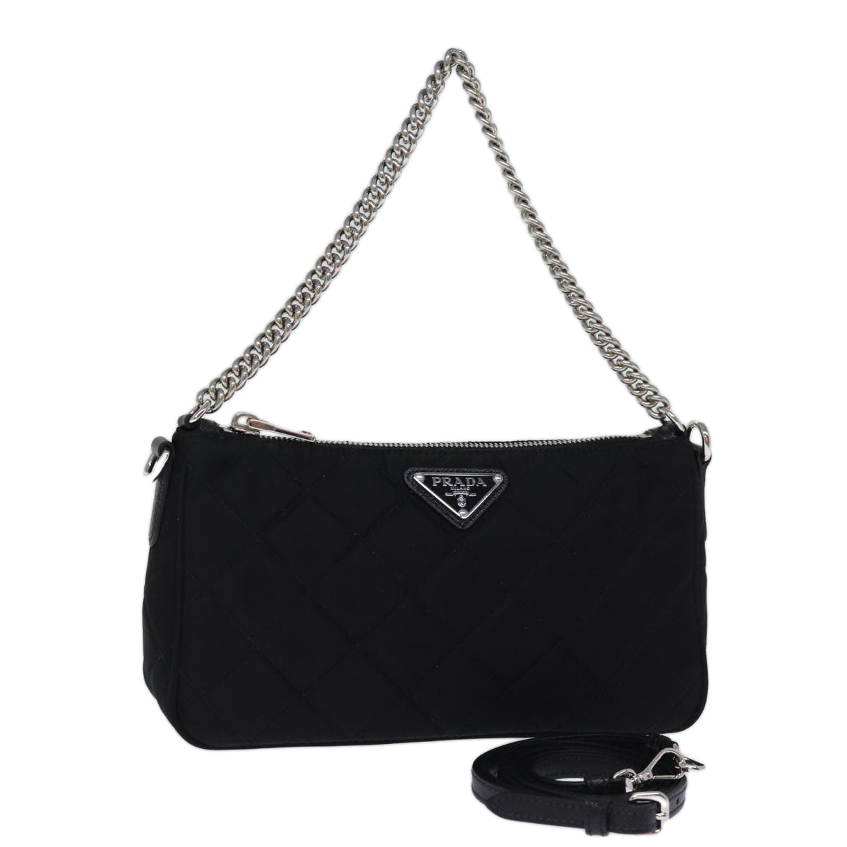 PRD Chain Shoulder Bag Nylon 2way Black Auth 73993A