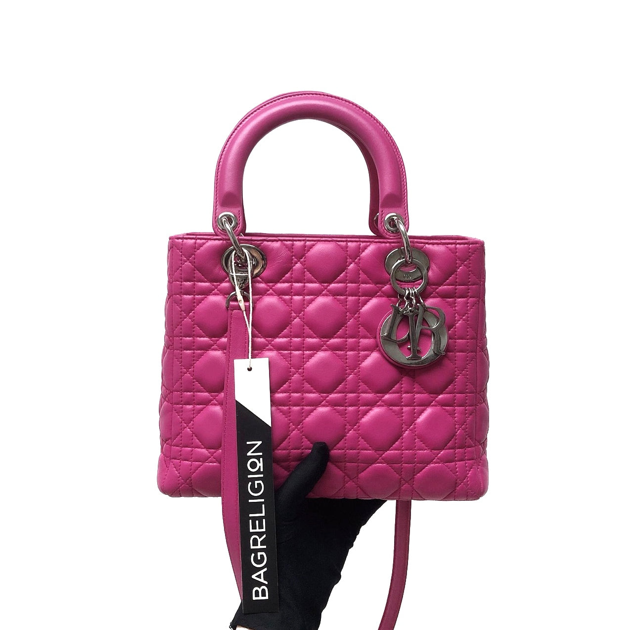 Cannage Lambskin Lady D1OR Medium Bag in Magenta Pink