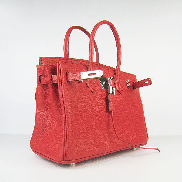 HMS Birkin 30cm Togo Leather Handbags Red Silver