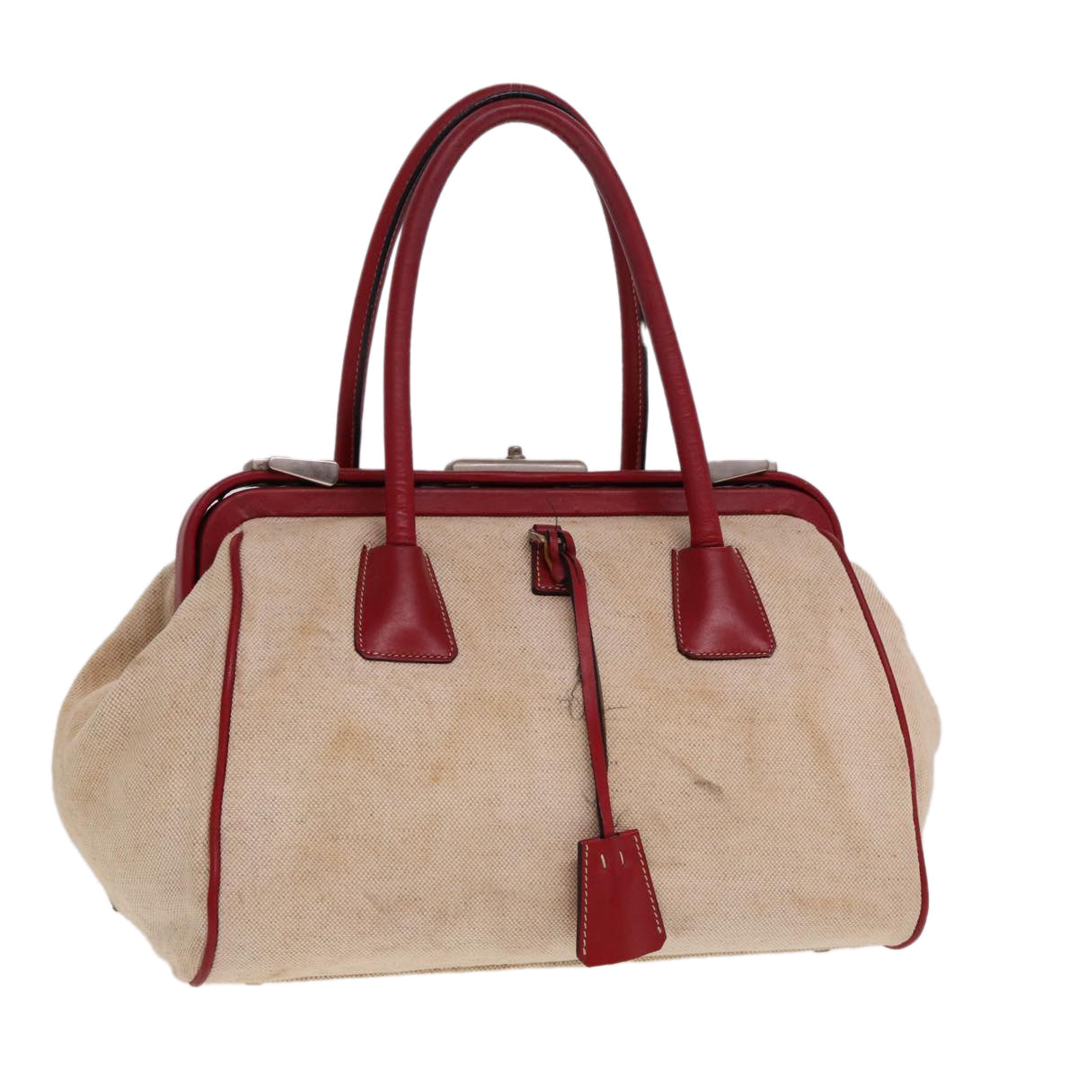 PRD Hand Bag Canvas Leather Cream Red Auth 78856