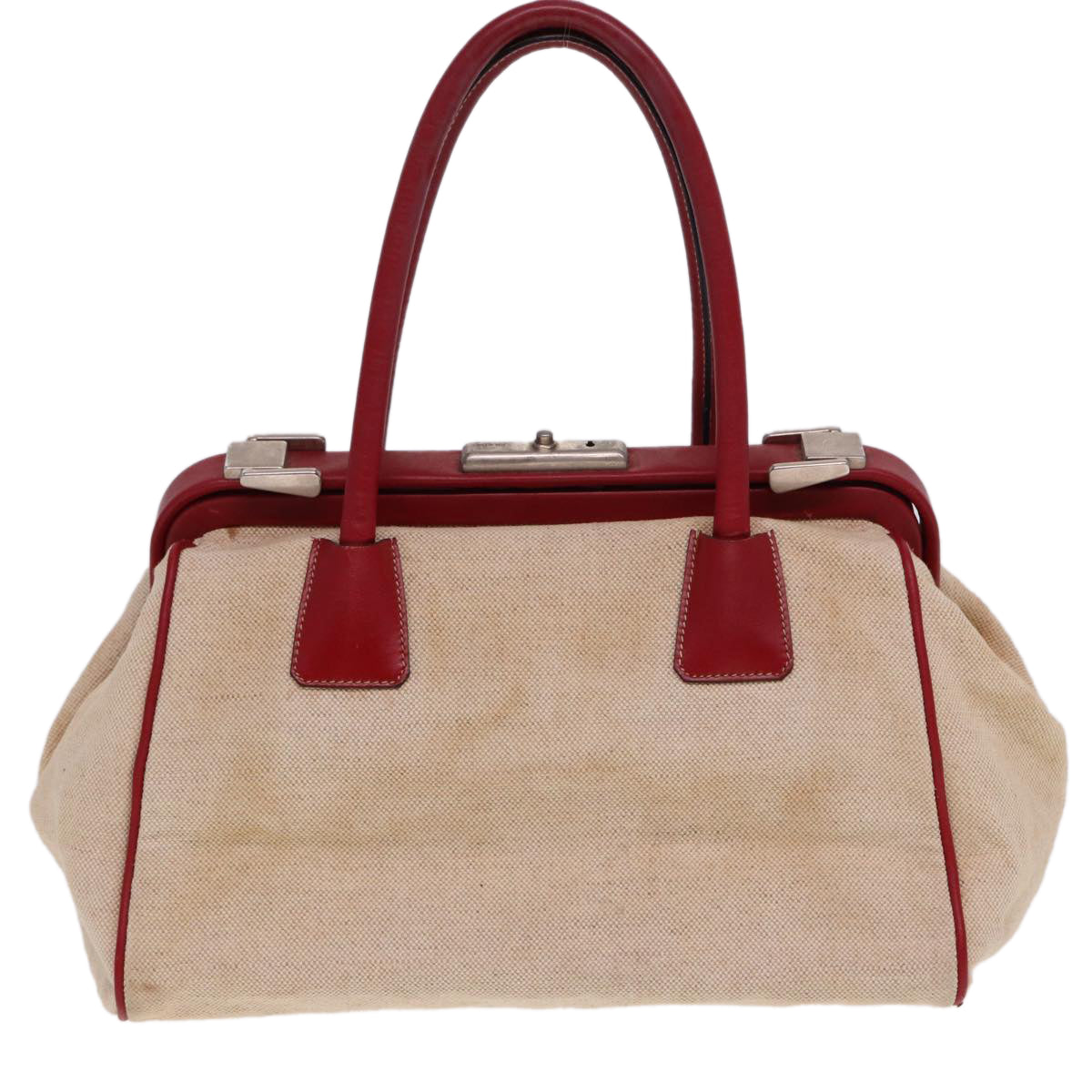 PRD Hand Bag Canvas Leather Cream Red Auth 78856