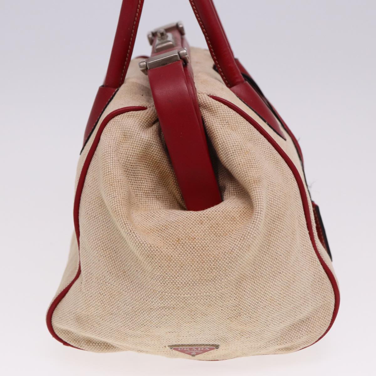 PRD Hand Bag Canvas Leather Cream Red Auth 78856