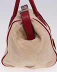 PRD Hand Bag Canvas Leather Cream Red Auth 78856