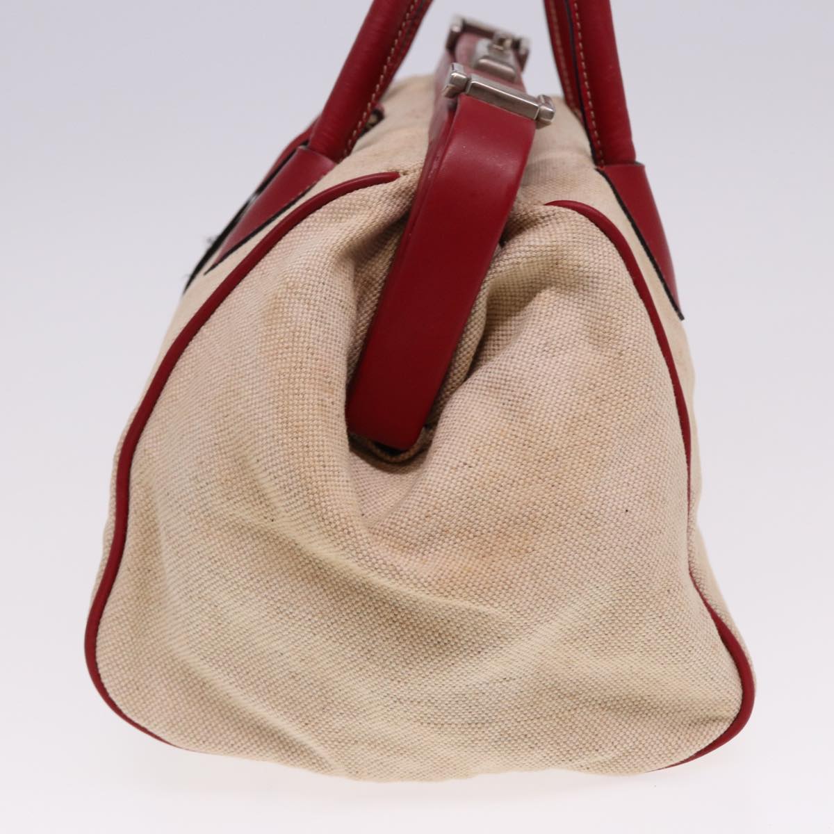 PRD Hand Bag Canvas Leather Cream Red Auth 78856
