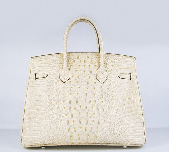 HMS Birkin 35cm Crocodile Head Veins Handbags Beige Silver