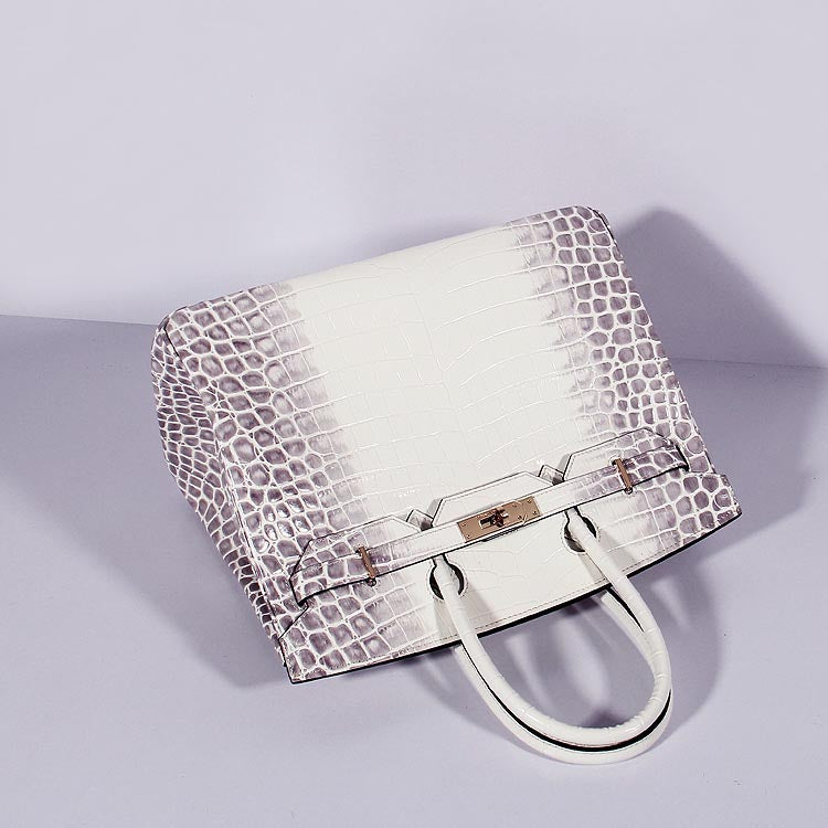 HMS Birkin 35cm Crocodile Leather Handbag Grey White Gold