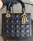*Flap, Grained Calfskin* D1OR Lady Medium - Calfskin Cannage Black Gold Hardware