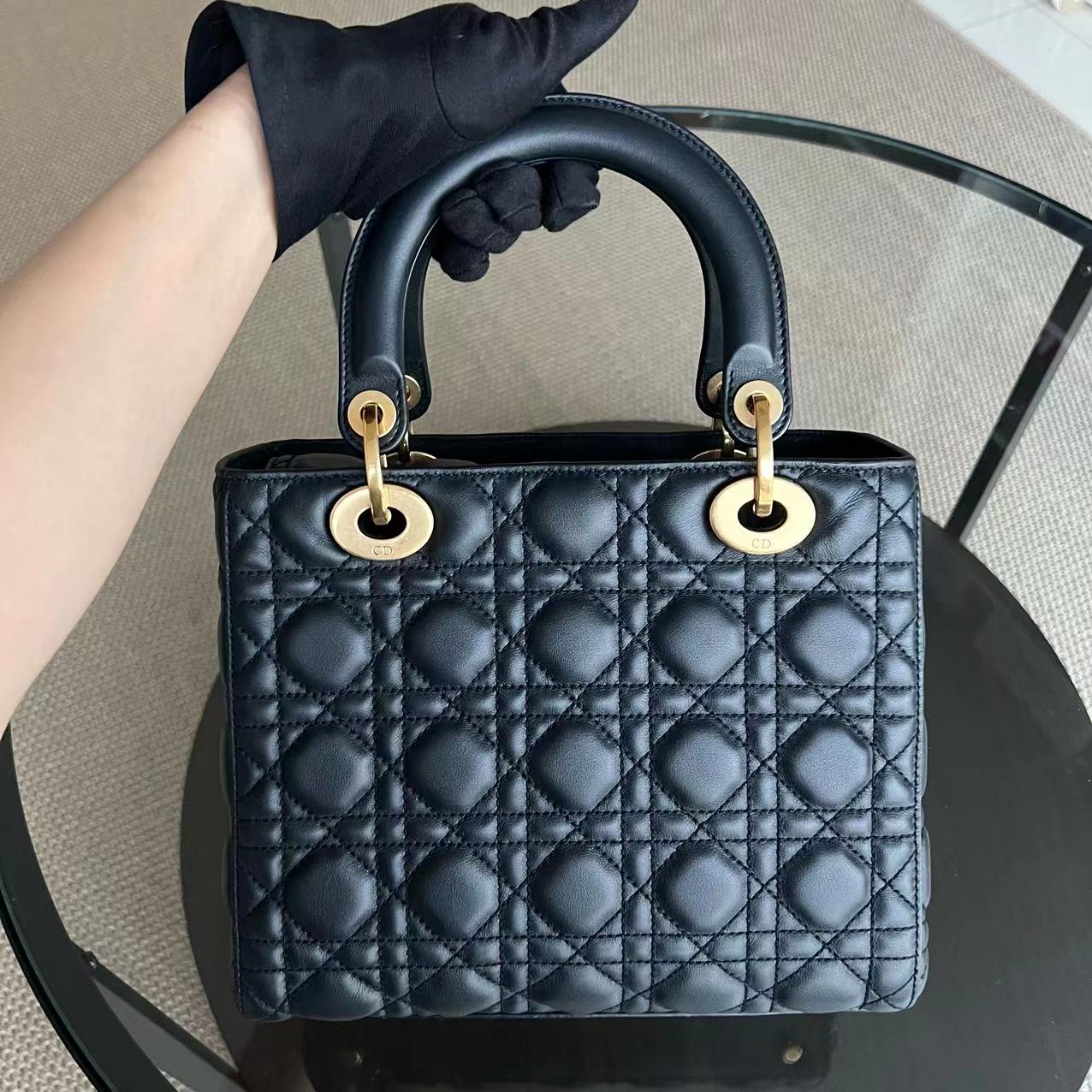 *Calfskin, Flap, With Strap* D1OR Lady Medium - Calfskin Cannage Calfskin Dark Blue Golden Hardware