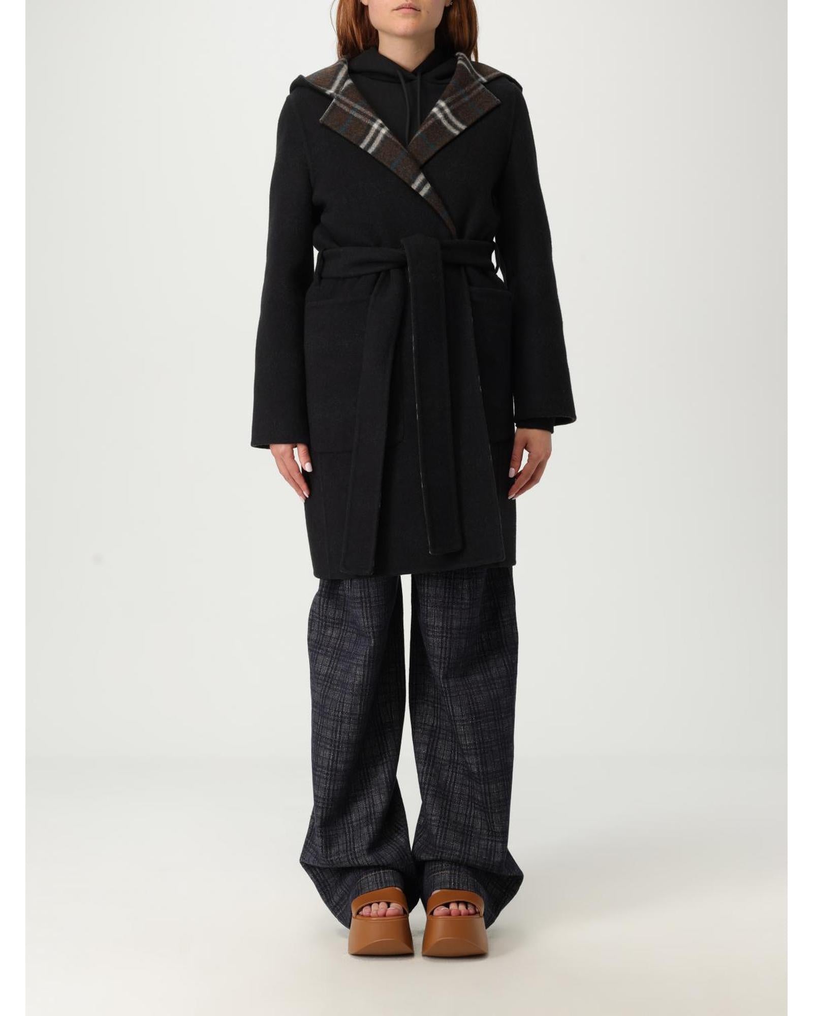 BBERRY Belted Hooded Wool Coat Women Black