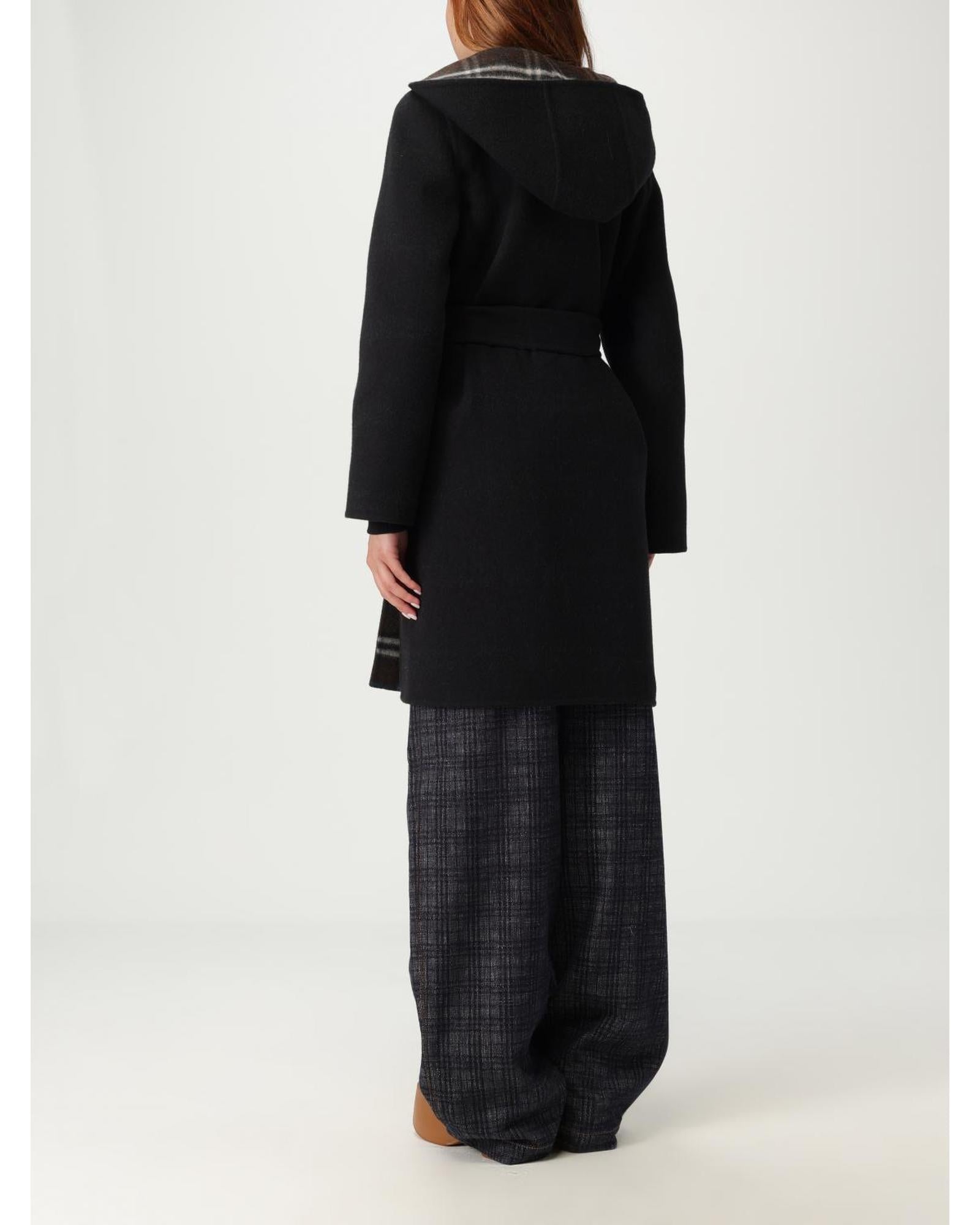 BBERRY Belted Hooded Wool Coat Women Black