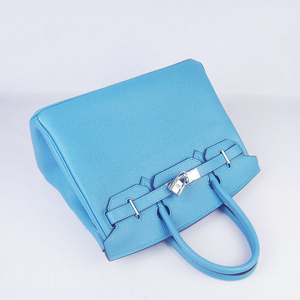 HMS Birkin 30cm Togo Leather Handbags Light Blue Silver