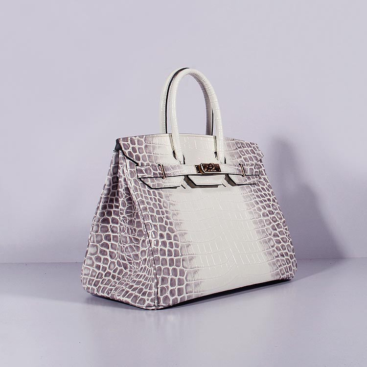 HMS Birkin 35cm Crocodile Leather Handbag Grey White Gold