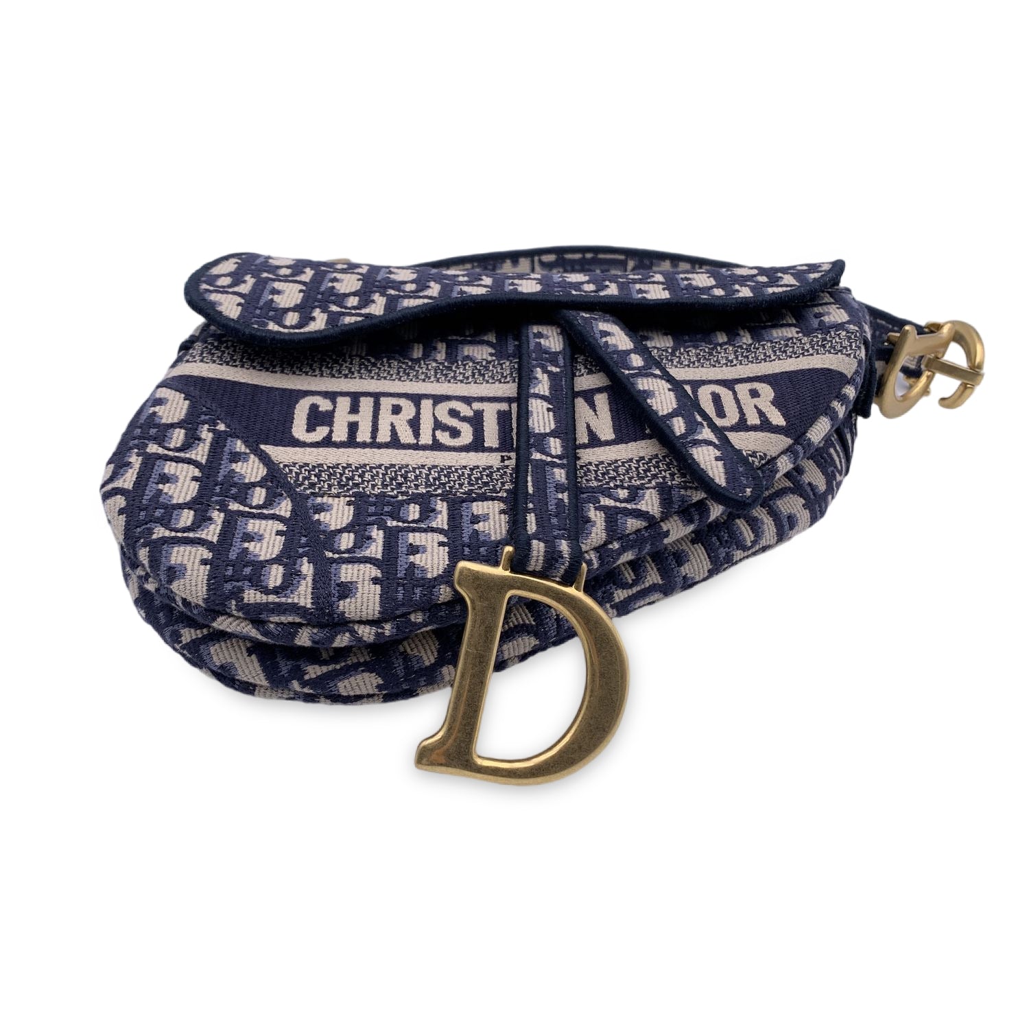 CHRISTIAN D1OR Blue Jacquard Oblique Canvas Embroidery Saddle Bag
