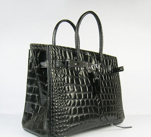 HMS Birkin 35cm Crocodile Big Veins Handbags Black Silver
