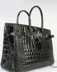 HMS Birkin 35cm Crocodile Big Veins Handbags Black Silver