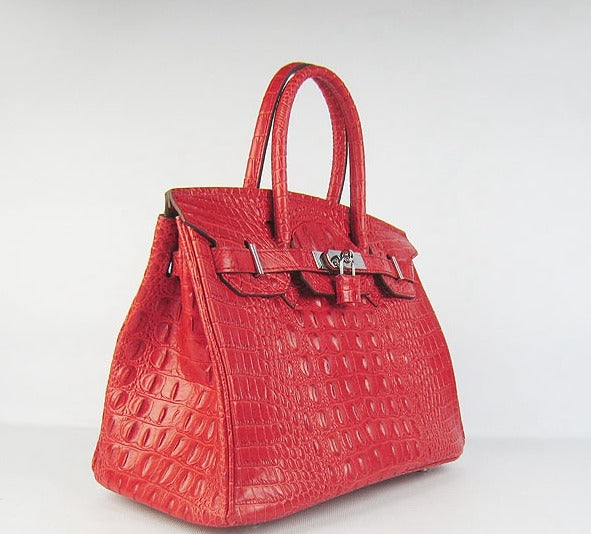 HMS Birkin 30cm Crocodile Head Vein Handbags Red Silver