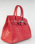HMS Birkin 30cm Crocodile Head Vein Handbags Red Silver