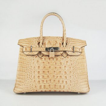HMS Birkin 35cm Crocodile Head Veins Handbags Earth Yellow Silver