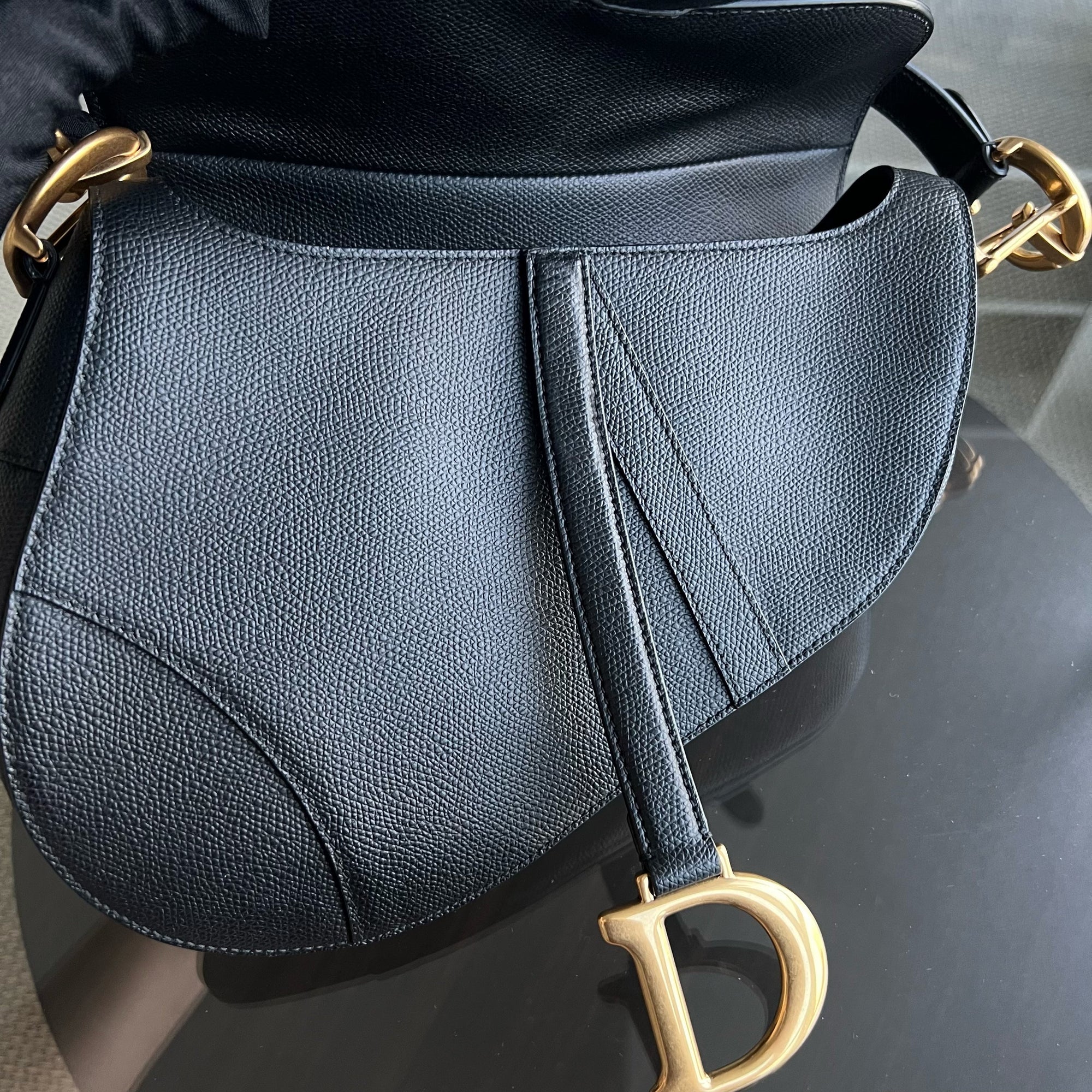 *New Version with Strap* D1OR Saddle Medium Grained Calfskin Black Golden Hardware