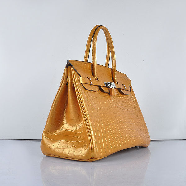 HMS Birkin 35cm 6089 New Golden Crocodile Vein Handbags Silver